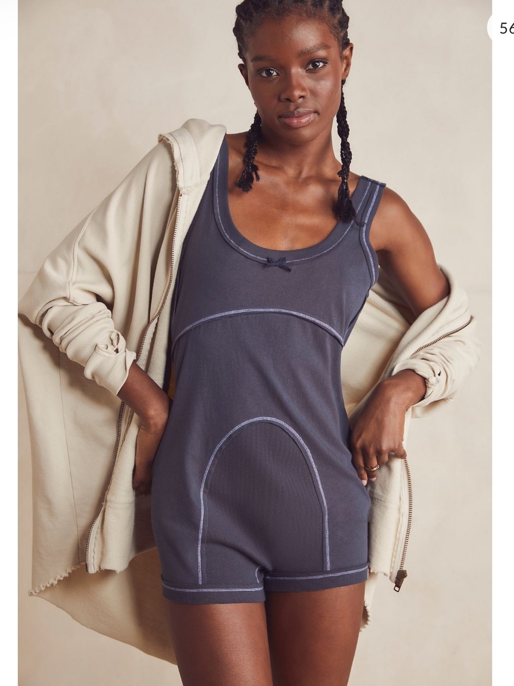 Free People Navy Blue Ribbed Romper Pajama